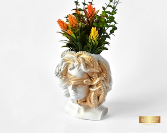 Grecian God Planter, Medusa Gorgon Head Statue, Mediterranean Vase, Woman Face Succulent Pot, White & Gold Vanity Desk Decor, Candle Holder