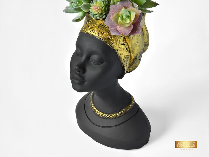 Female Head Planter, Mayra Vase with Golden Turban