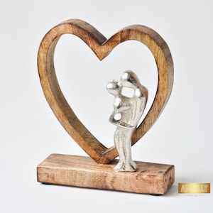 Unique Love Figurine, Metal Kissing Couple Sculpture and Wood Heart Shape Statue, Abstract Home Decor for Living Room, Handmade Love Statue