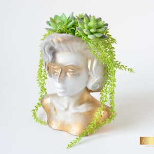 Puede incluir: Un macetero de busto blanco y dorado con la cara de una mujer y una planta suculenta verde que crece desde la parte superior.