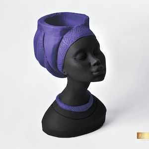 Mayra Vase with Purple Turban, Female Head Planter, Indoor Home Decor, Bust Succulent Planter, Concrete Woman Statue, Flower Face Planter