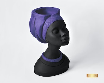 Mayra Vase mit lila Turban, Weiblicher Kopf-Übertopf, Indoor-Wohnkultur, Büste Sukkulenten-Übertopf, Betonfrau Statue, Blumengesicht-Übertopf