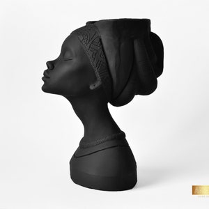 Face Planter Pot, Female Statue Head Vase, Black Desk Planter, Concrete African Woman Bust, Aesthetic Room Decor, Mayra Face Flower Planter