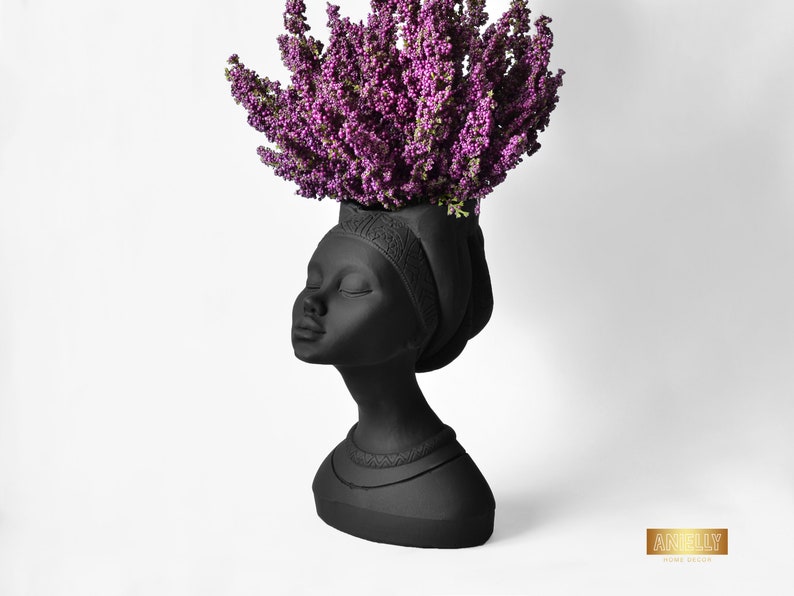 Face Planter Pot Female Statue Head Vase Black Desk Planter Etsy