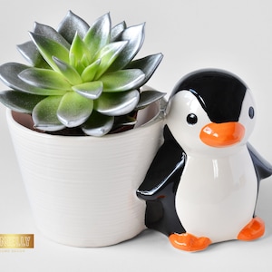 Puede incluir: Maceta de cerámica blanca con forma de pingüino con un diseño en blanco y negro. Una planta suculenta con hojas verde plateado está plantada en la maceta.