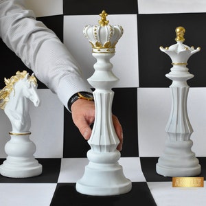 White Chess Pieces Statues, Large Size Figurines, Chess Knight, Queen, King Sculptures, Housewarming Gift for Chess Lover, Chess Figurines