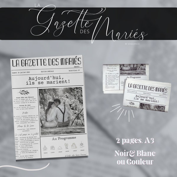 Animation Mariage: Gazette des Mariés A3 en Français, personnalisable à imprimer, Magazine DIY, Journal de Mariage modifiable et imprimable