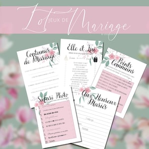 Bundle French Wedding Games: Commonality Game, She and Him Game, Paparazzi Photo Game, A5, Sophisticated Flowery Game to Download and Print