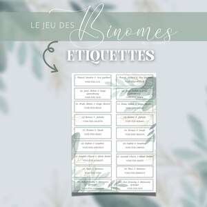 Puede incluir: Un conjunto de etiquetas imprimibles verdes y doradas para un juego llamado "Binomes". Las etiquetas presentan parejas de nombres de personas famosas, como "Frank Sinatra & Ava Gardner" y "Jane Birkin & Serge Gainsbourg".