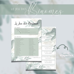 Peut inclure: Un jeu imprimable en français appelé "Le Jeu des Binômes" avec des motifs floraux verts et dorés. Le jeu comprend une liste de règles et une liste de 42 binômes, ou paires de noms. Le jeu est conçu pour être joué lors d'une fête ou d'un événement.