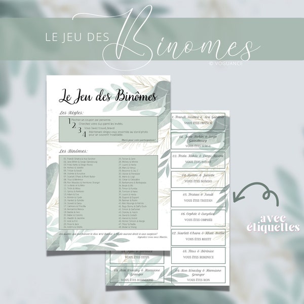 Jeux de Mariage: Jeu des Binômes, Jeu des Duos A4 - Thème Champêtre Eucalyptus, Sophistiqué à Télécharger et Imprimer - Commande Instantanée