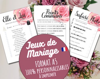 May include: Three printable wedding game cards with pink watercolor roses. The cards are titled "Elle et Lui", "Points Communs", and "Safari Photo". The cards are designed for a wedding shower or bridal party.