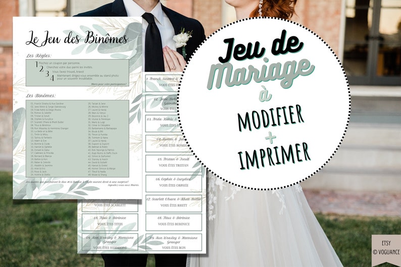 Jeux de Mariage: Jeu des Binômes, Jeu des Duos A4 - Thème Champêtre