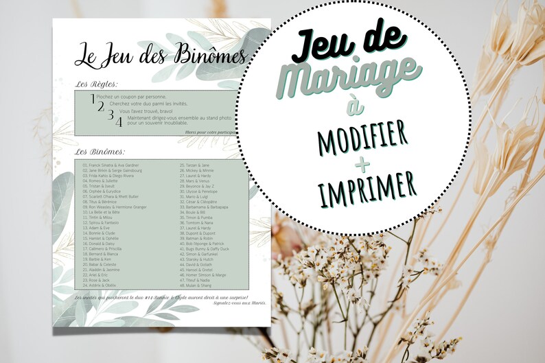 Jeux de Mariage: Jeu des Binômes, Jeu des Duos A4 - Thème Champêtre