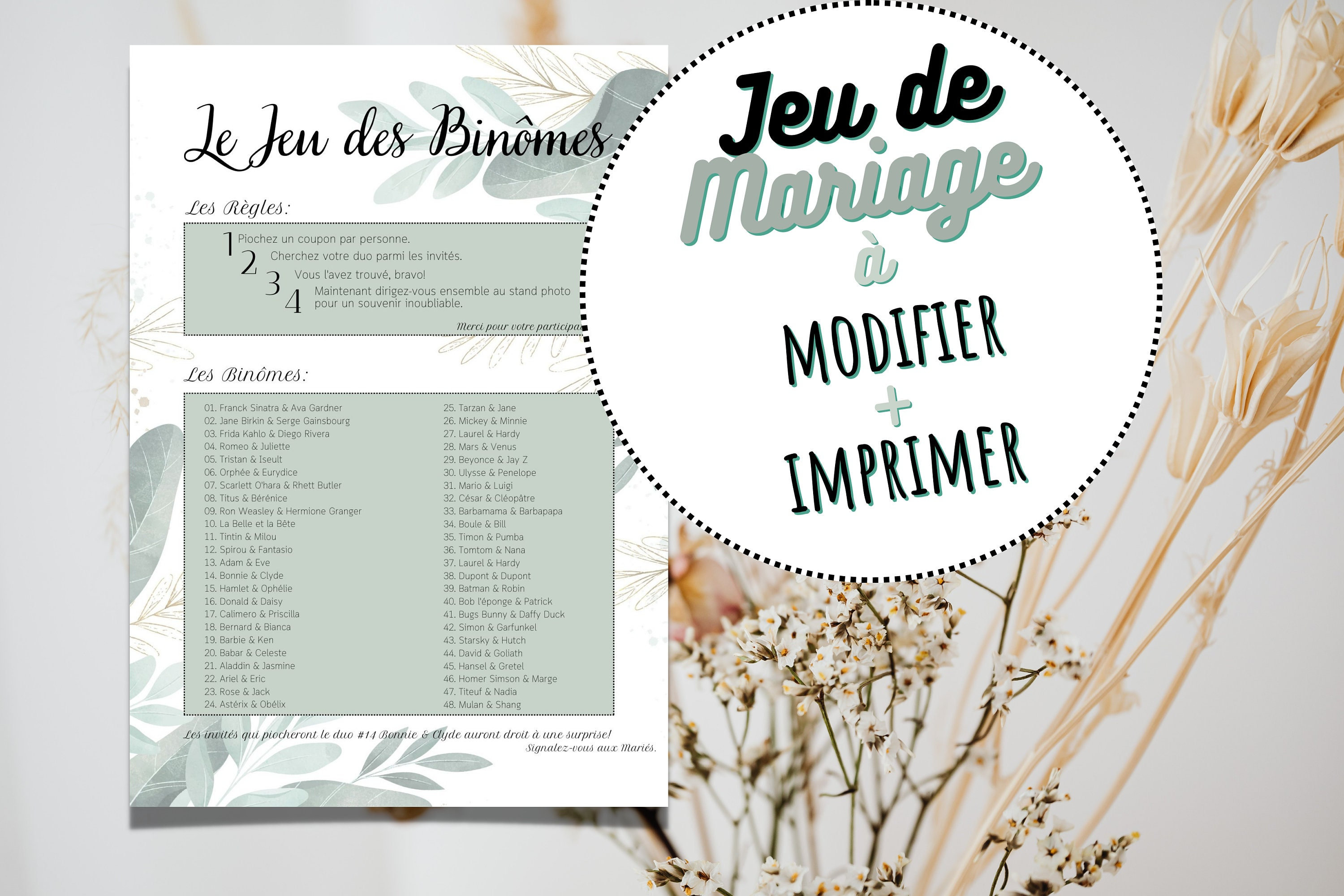 Jeux de Mariage: Jeu des Binômes, Jeu des Duos A4 - Thème Champêtre