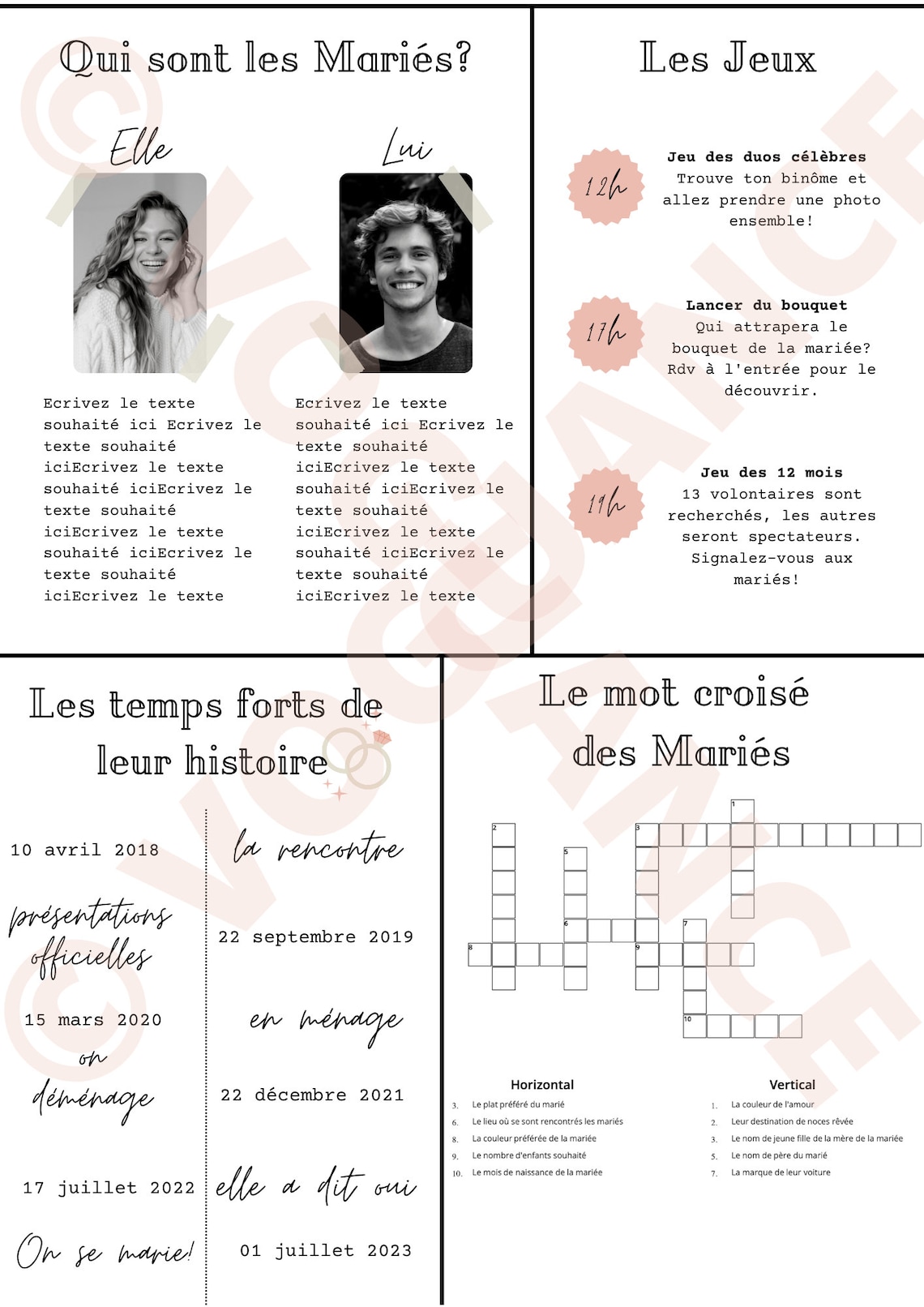 Animation Mariage Gazette des Mariés A3 en Français, personnalisable à