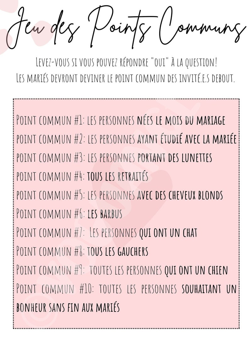 Jeux de Mariage: Jeu des Points CommunsAnimation de - Etsy France