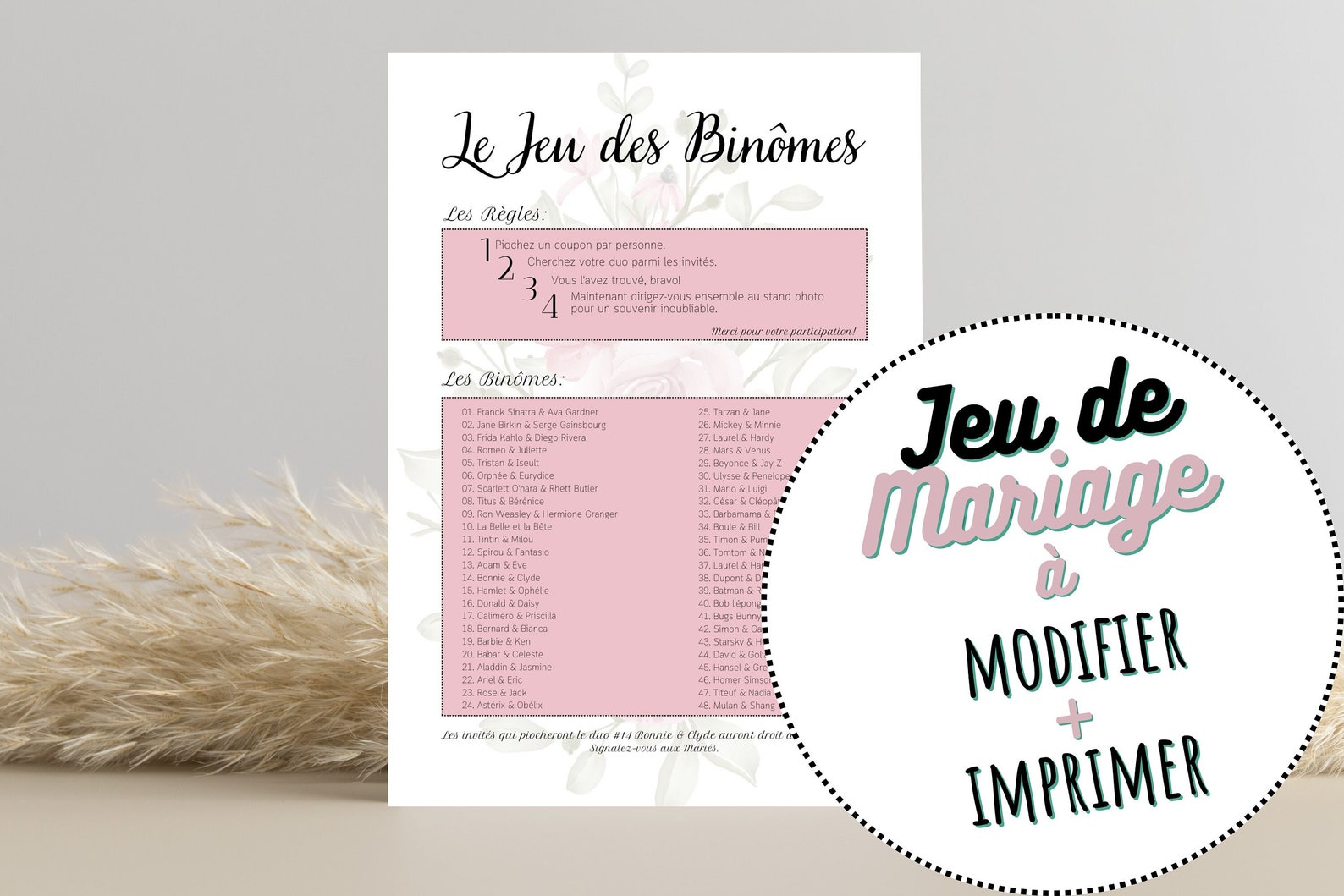 Jeu Des Binômes à Imprimer Gratuit Jeu des Binômes Jeu des Duos Jeux de mariage A4 Animation - Etsy France
