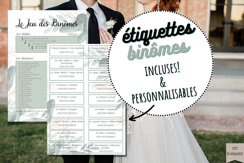 Jeux de Mariage: Jeu des Binômes, Jeu des Duos A4 - Thème Champêtre