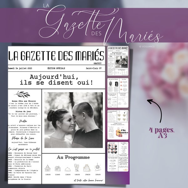 Animation Mariage: Gazette des Mariés A3 en Français, personnalisable à imprimer, Magazine DIY, Journal de Mariage modifiable et imprimable