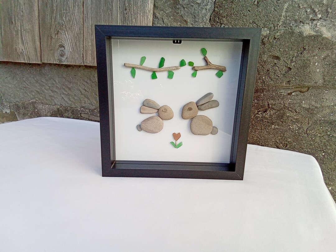 Spring Bunnies Pebble Art. Framed Pebble Art 9.3