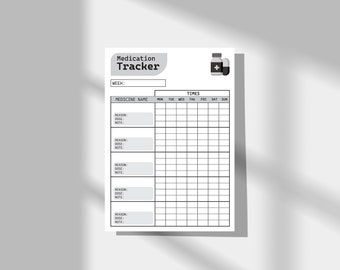 May include: A white paper medication tracker sheet with black text and grid lines. The header reads Medication Tracker and includes a pill bottle icon. It features a field for the week and rows for medicine name, reason, dose, and note, plus daily columns.