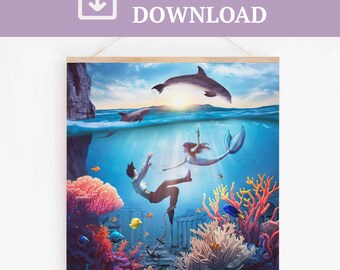 Surrealistische collagekunstprint met zeemeerminmotief – Digitale download van een oceaanfantasie, 30 x 30 cm, printbare muurdecoratie