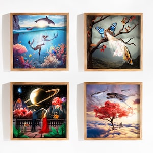 Abstract Vibrant Surreal Fantasy ILLUSTRATION COLLAGE POSTER – Set Of 4 Unique Illustration Art Print For Home Decoration