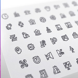 May include: A set of 50 black and white line icons depicting various futuristic concepts, including technology, science, and innovation. The icons are arranged in a grid pattern on a white background.