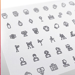 May include: A set of 56 black and white line icons depicting various fighting and boxing related activities. The icons include boxing gloves, punching bags, a boxing ring, a trophy, a championship belt, a fighter, a referee, and more.