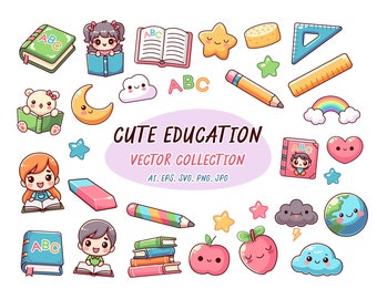 Cute Education Icons Set: Cartoon Style Vector & PNG
