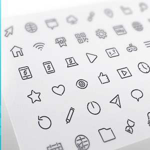 May include: A set of 56 black and white web icons, including symbols for home, wifi, play, heart, star, and more.
