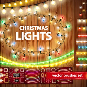 May include: A set of vector brushes featuring various styles of Christmas lights. The brushes include strings of lights, individual bulbs, and glowing outlines. The text "CHRISTMAS LIGHTS" is displayed in the center of the image, along with the phrase "vector brushes set".