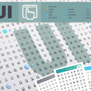 May include: A set of 100 black and white line icons representing various UI elements, such as arrows, folders, files, devices, and users. The icons are organised into categories, including data, device, and interface.