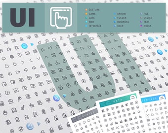 May include: A set of 100 black and white line icons representing various UI elements, such as arrows, folders, files, devices, and users. The icons are organized into categories, including data, device, and interface.