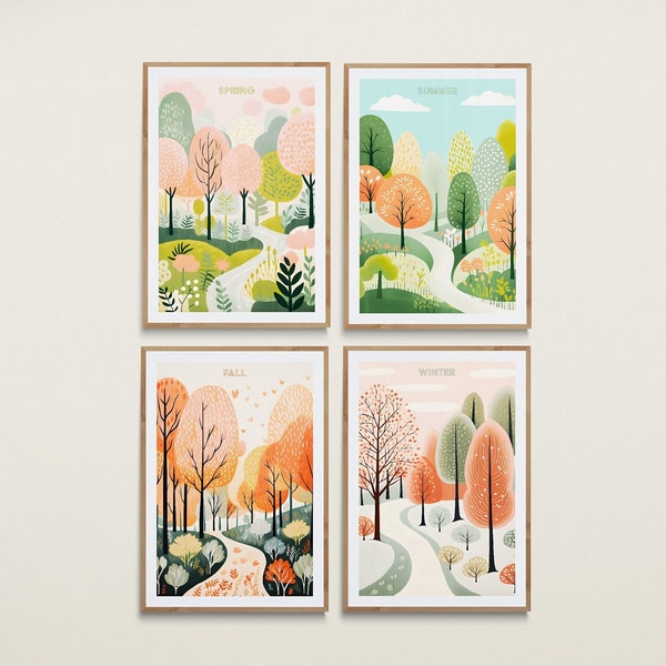 Lot de 4 gravures Quatre saisons | Affiche des saisons | Impression Minimal Seasons | Printemps | Été | Automne/Automne | Décoration murale des saisons | Art des 4 saisons