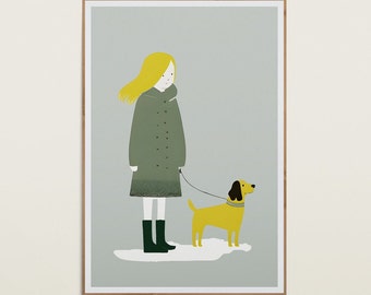 Girl and Dog Print | Dog Illustration Print | Girl's Room Decor | Nursery Wall Art | Kids Room Print