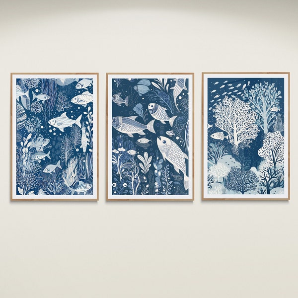 Conjunto de 3 impresiones de peces Decoración minimalista del hogar Arte de la pared del pez azul Arte de la pared náutica / Descarga instantánea de impresiones del baño