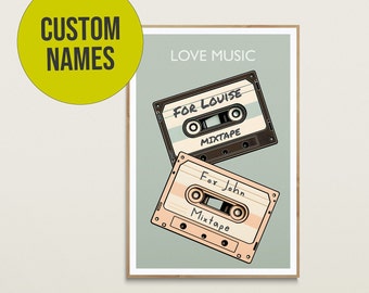 Custom Mixtape Digital Print | Personalised Cassette Mixtape Print | Love Music Mixtape | Customize Names | Music Lover Gift