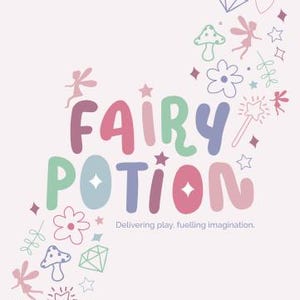 Completed fairy sensory play tray with fizzing potion ingredients and magical messy play setup