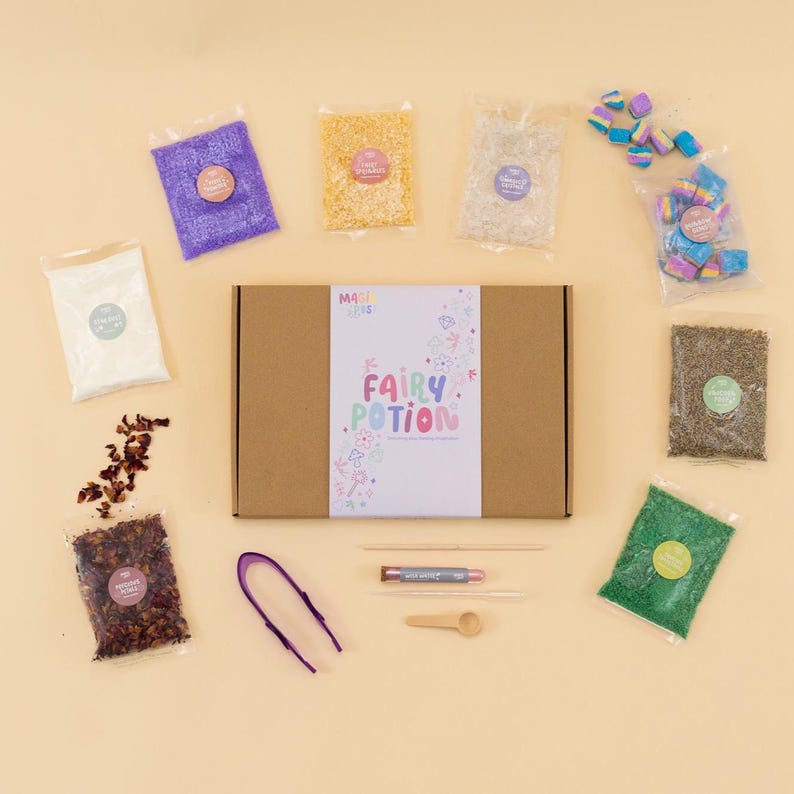 Fairy sensory play kit contents including magical ingredients tools and potion accessories for imaginative play