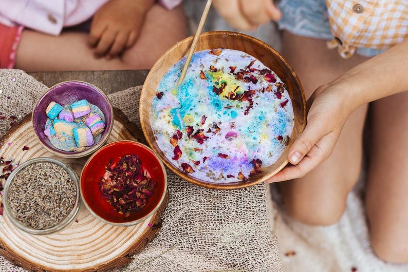 Close-up of fizzing fairy potion ingredients creating bubbles and magical textures for kids activity