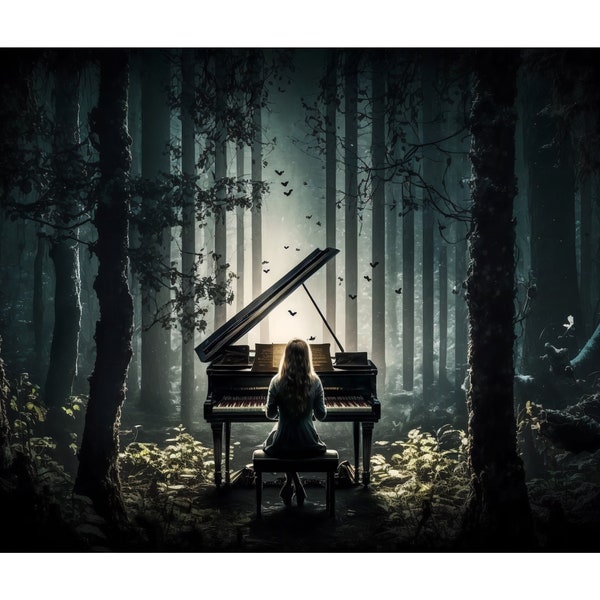 Woman playing piano in Forest  - Digital art prints of musicians, Piano Art, Music Art, Contemporary music art prints, Female pianist