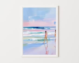 Blonde Surfer Girls Painting | Sisters Beach House Wall Art Print | Colorful Pastel Coastal Digital Download | Summer Teen Bedroom Printable