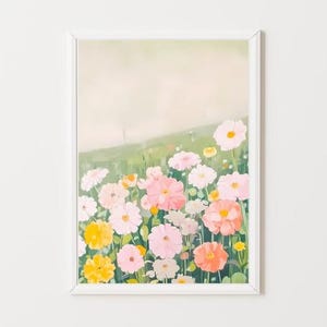 Pastel Dahlia Field Painting | Wildflower Landscape Wall Art Print | Colorful Floral Scenery Digital Download | Flower Meadow Printable