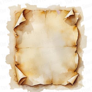 May include: A vintage-style, off-white paper sheet with rolled edges. The paper has a watercolor-like texture and is slightly faded.