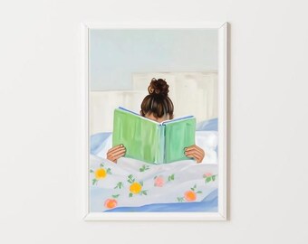 Dziewczyna czytająca w łóżku Malowanie | Kolorowy Miłośnik Książek Sztuka Ścienna Wydruk | Biblioteka Czytelnictwa Nook Pobieranie Cyfrowe | Pokój Brunetki Nastolatków Do Wydrukowania