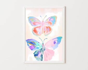 Two Pastel Butterflies Painting | Colorful Abstract Insect Wall Art Print | Animal Watercolor Printable | Tween Girl's Room Digital Download
