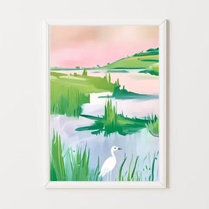 White Heron in Marsh Painting | Egret Shore Bird Wall Art Print | Coastal Beach House Digital Download | Pastel Summer Wetlands Printable