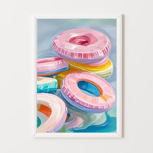 Colorful Inner Tube Painting | Pastel Summer Pool Float Wall Art Print | Beach House Digital Download | Girly Coastal Apartment Printable